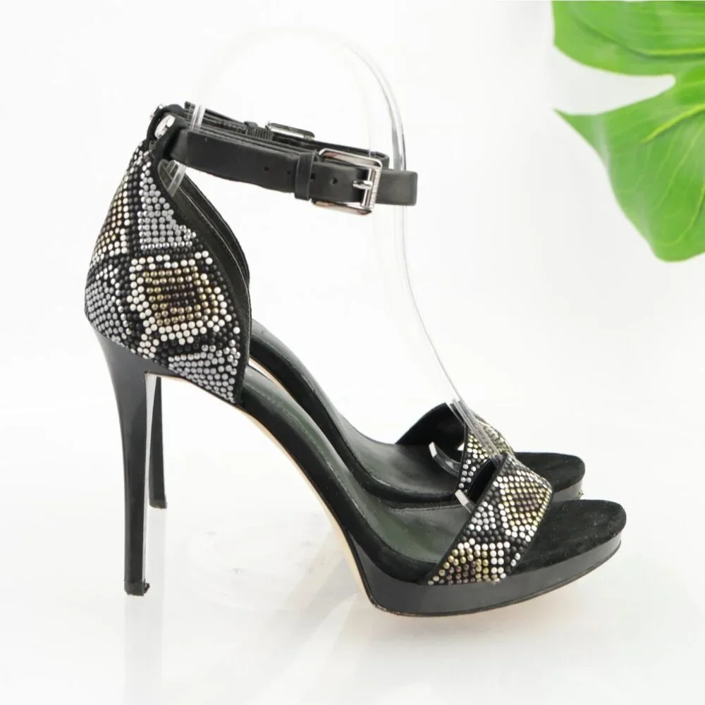 Michael Kors Womens Sienna Sandals Size 6.5 Black Suede Studded Ankle Strap Heel - Picture 3 of 15